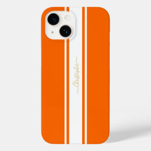 Orange White Racing Stripes Gold Monogrammed Cool Case-Mate iPhone 14 Case
