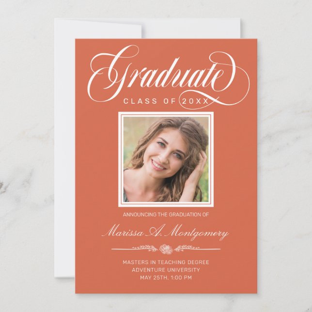 Orange White Script Two Photo College Graduation Announcement (Front)