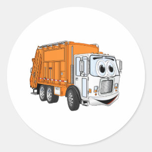 Orange White Smiling Garbage Truck Cartoon Classic Round Sticker