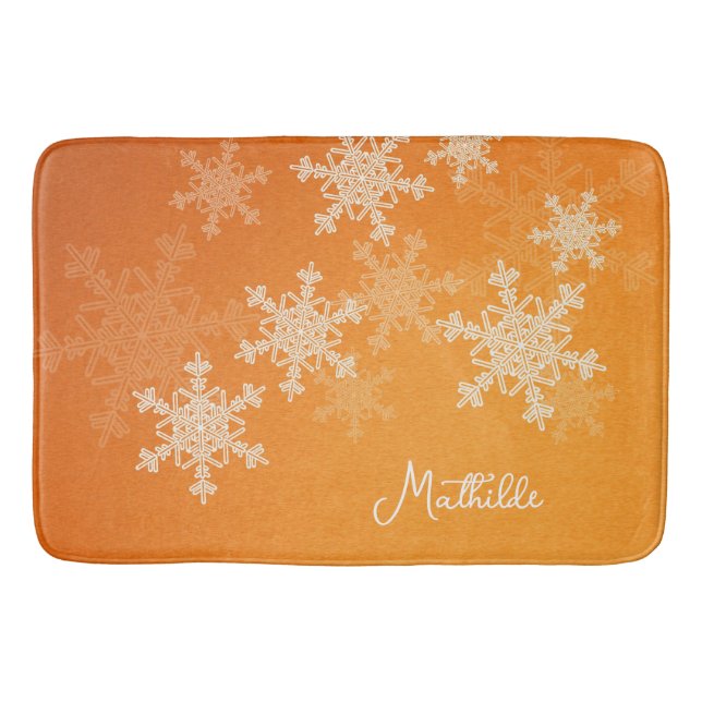 Orange White Snowflakes Minimalist Christmas Name Bath Mat (Front)