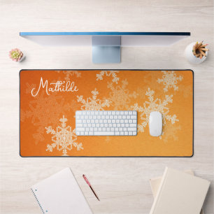 Orange White Snowflakes Minimalist Christmas Name Desk Mat