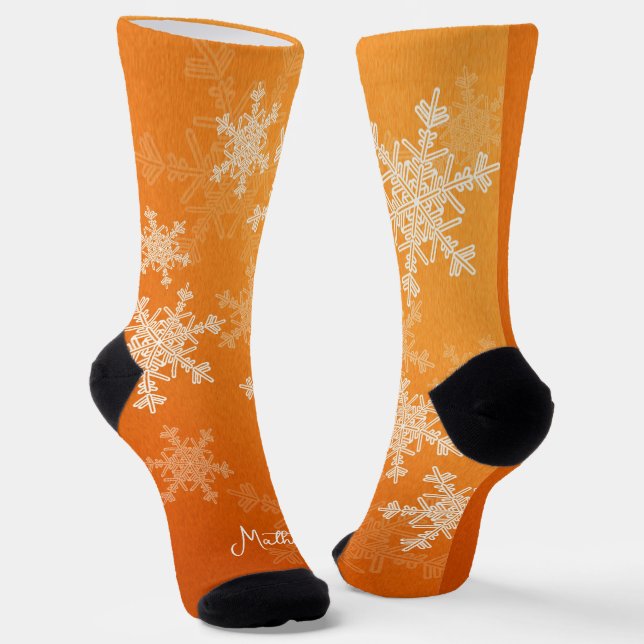 Orange White Snowflakes Minimalist Christmas Name Socks (Angled)
