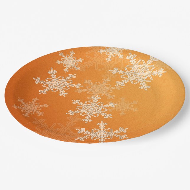 Orange White Snowflakes Minimalist Christmas Paper Plate (Angled)