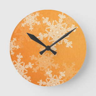 Orange White Snowflakes Minimalist Christmas Round Clock