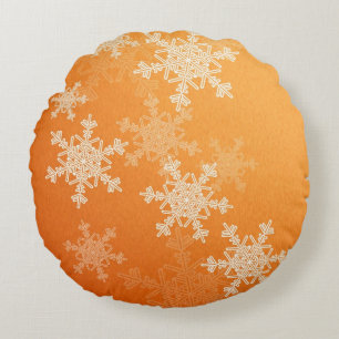 Orange White Snowflakes Minimalist Christmas Round Cushion