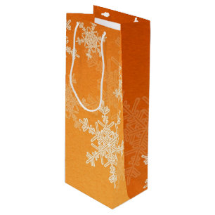 Orange White Snowflakes Minimalist Christmas Wine Gift Bag