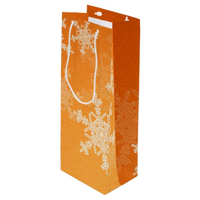 Orange White Snowflakes Minimalist Christmas Wine Gift Bag (Front Angled)