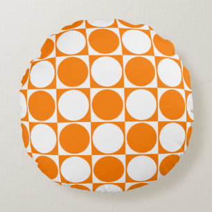 Orange&White Squares&Circles Design, Round Cushion