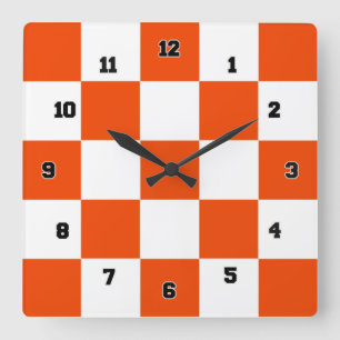 Orange White Squares Decorative Wall Clock
