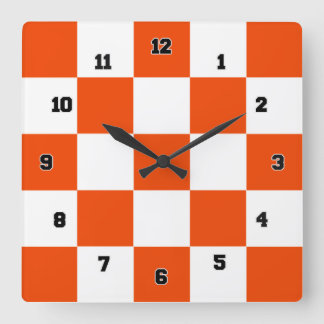 Orange White Squares Decorative Wall Clock