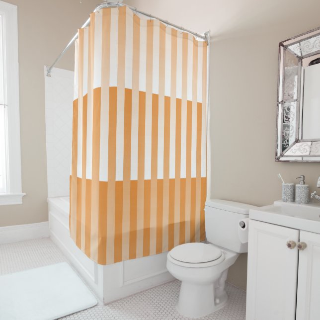 Orange White Striped Pattern Shower Curtain (In Situ)