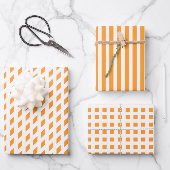 Orange white stripes check diamond geometric chic wrapping paper sheet (Front)