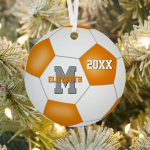 orange white team colours girl boy keepsake soccer metal tree decoration