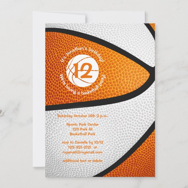 orange white team colours kids basketball party invitation (Front)