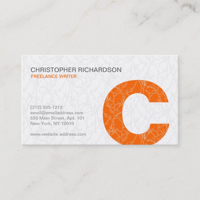Orange & White Tree Branches Initial Business Card (Front)