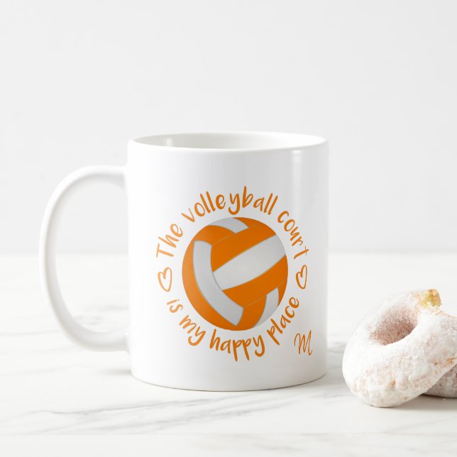 orange white volleyball court is my happy place coffee mug (With Donut)