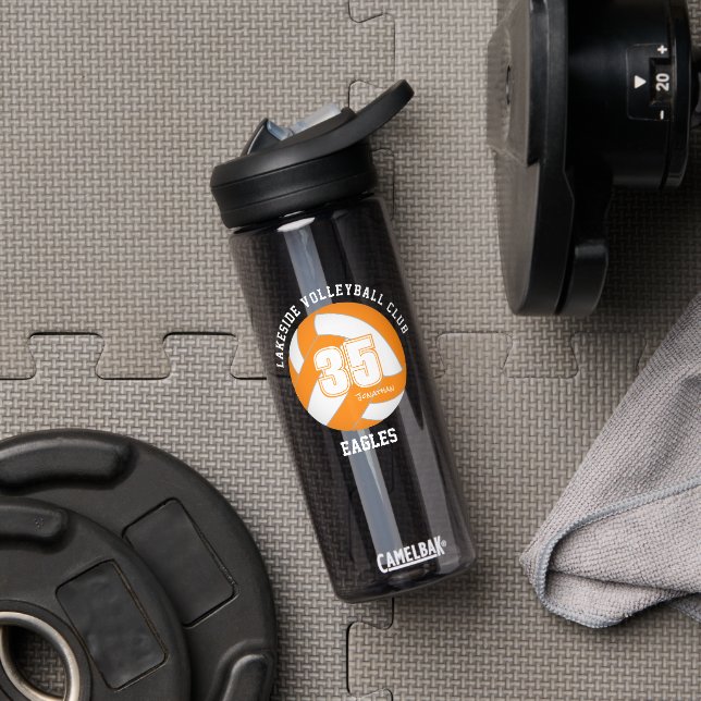 Orange white volleyball team colours athlete name water bottle (Gym)