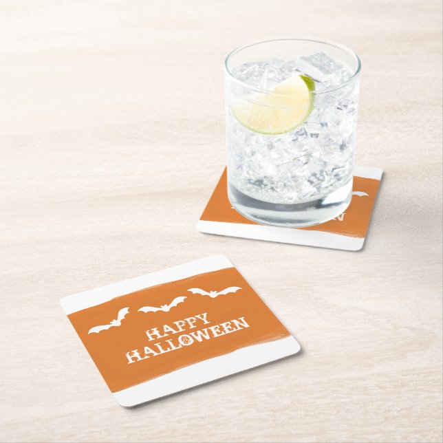 Orange White Watercolor Bats Halloween Square Paper Coaster (Insitu)