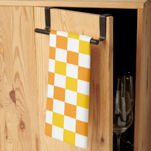 Orange White Yellow Chequered Pattern Design Tea Towel