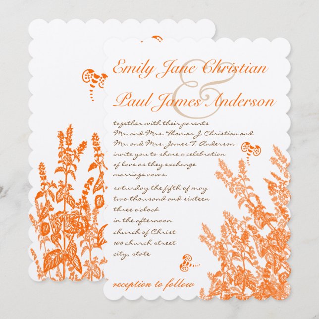 Orange Wild Flowers and Bees Wedding Invitations (Front/Back)