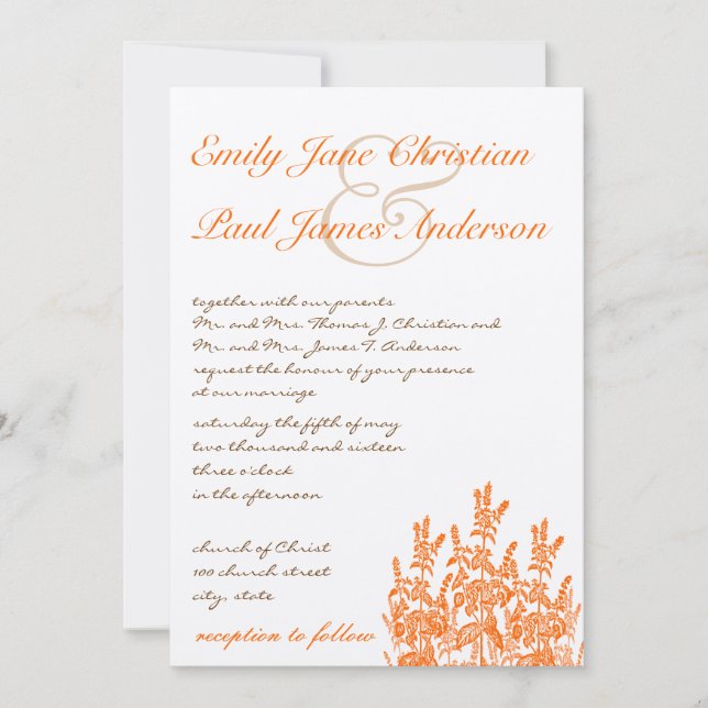Orange Wild Flowers and Font Wedding Invitations (Front)