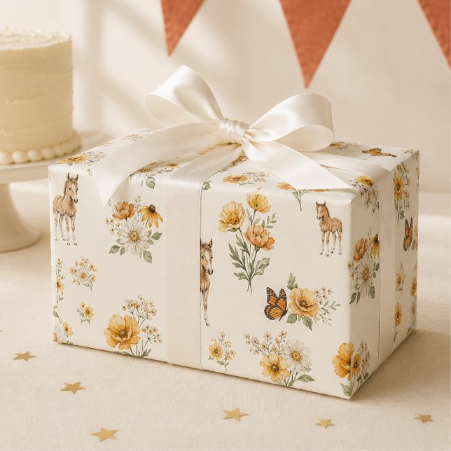 Orange Wildflower Horse and Butterfly Pattern  Wrapping Paper (Creator Uploaded)