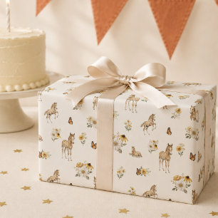 Orange Wildflower Horse and Butterfly Pattern Wrapping Paper