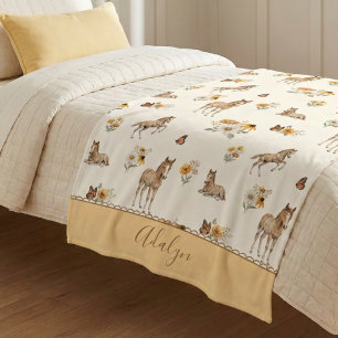 Orange Wildflower Horse Monogram Pattern Sherpa Blanket