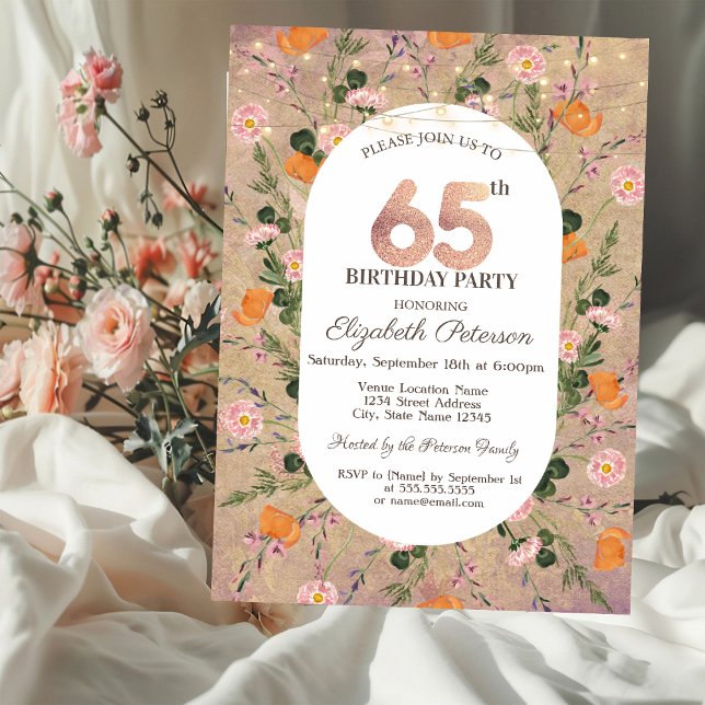 Orange Wildflower String Lights 65th Birthday Invitation (Creator Uploaded)