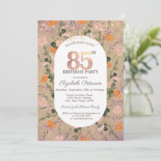 Orange Wildflower String Lights 85th Birthday Invitation (Standing Front)
