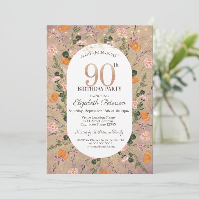 Orange Wildflower String Lights 90th Birthday Invitation (Standing Front)