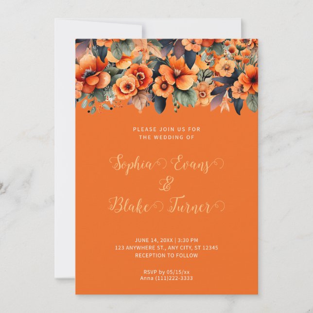 Orange Wildflowers Arrangement Orange Wedding Invitation (Front)
