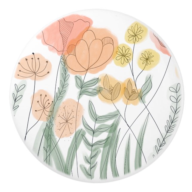Orange Wildflowers Ceramic Knob (Front)