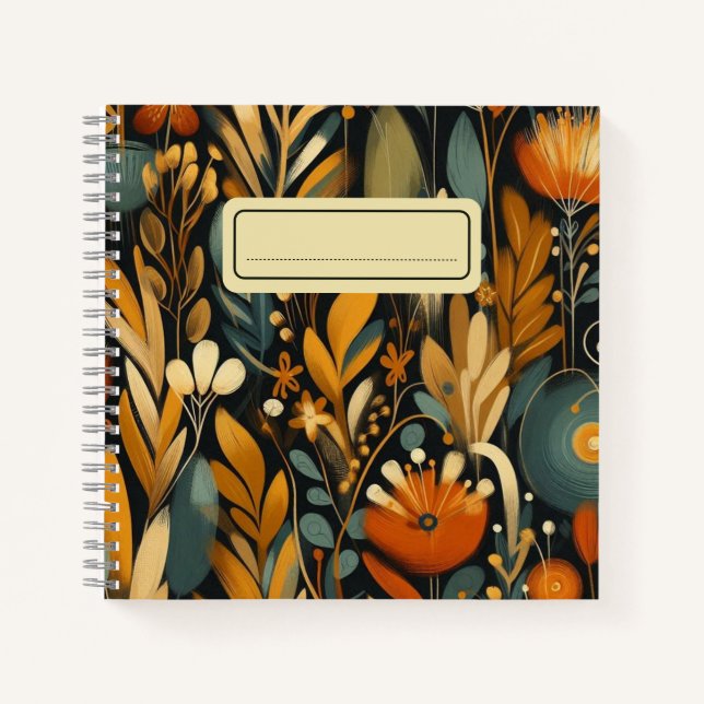 Orange Wildflowers & Golden Birds in Modern Folk  Notebook (Front)