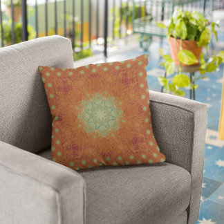 Orange Wine Sage Green Wavy Mandala Tile Cushion