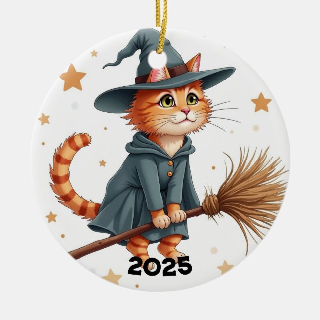 Orange Witch Cat  Ceramic Tree Decoration (Front)