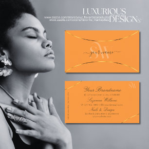Orange with Gold Decor Borders and Monogram Modern Business Card