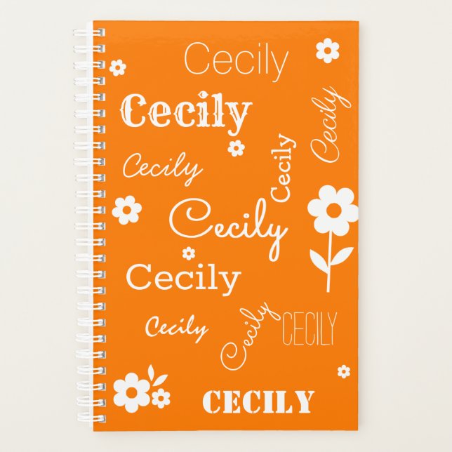 Orange with White Flowers, Custom Name Planner (Front)