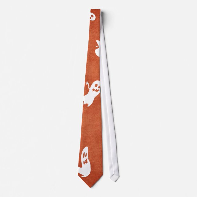 Orange with White Flying Ghosts Halloween Tie (Front)