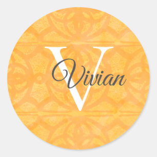 Orange With White Monogram Name Classic Round Sticker