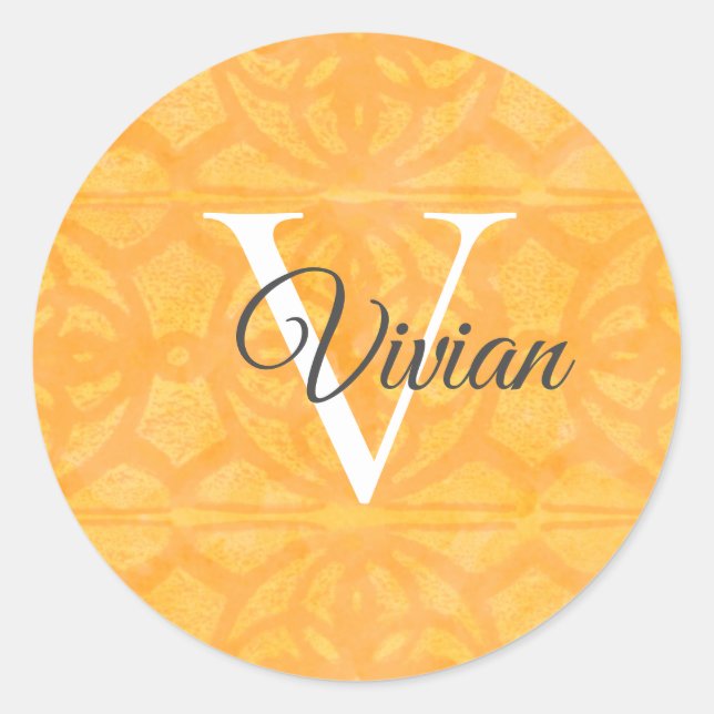  Orange With White Monogram Name Classic Round Sticker (Front)