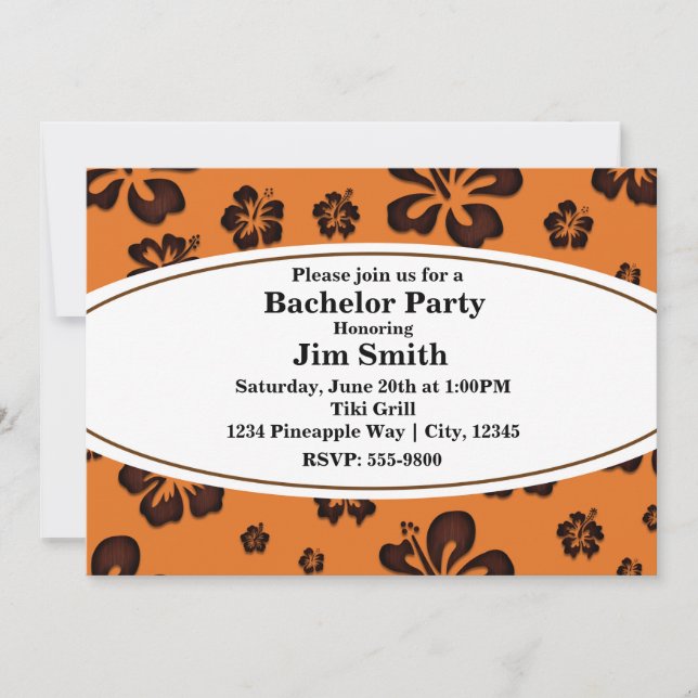 Orange & Wooden Hibiscus Tropical Retro Invitation (Front)