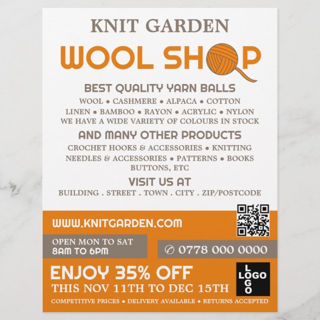 Orange Wool Shop Logo, Knitting Store, Yarn Store Flyer (Front)