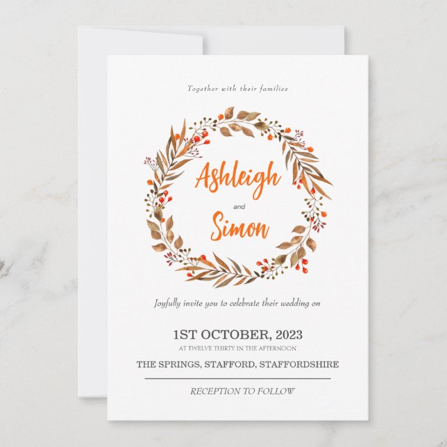 Orange Wreath Autumnal Wedding Invitation (Front)