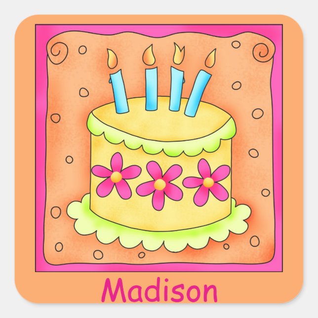 Orange Yellow 4th Birthday Cake Name Personalise Square Sticker (Front)