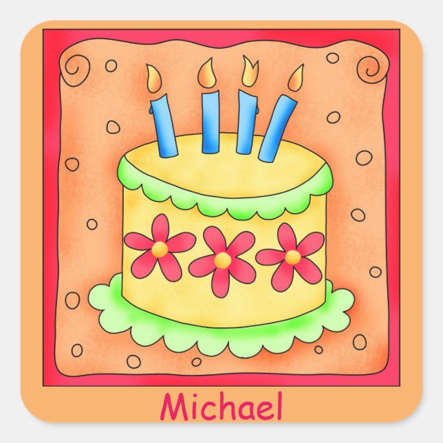Orange Yellow 4th Birthday Cake Name Personalised Square Sticker (Front)