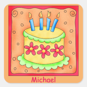 Orange Yellow 4th Birthday Cake Name Personalised Square Sticker
