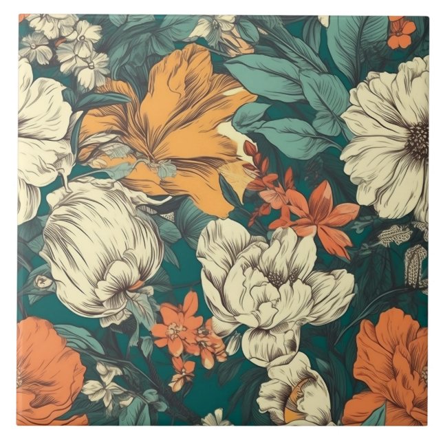 Orange, yellow and green pretty floral tile (Front)