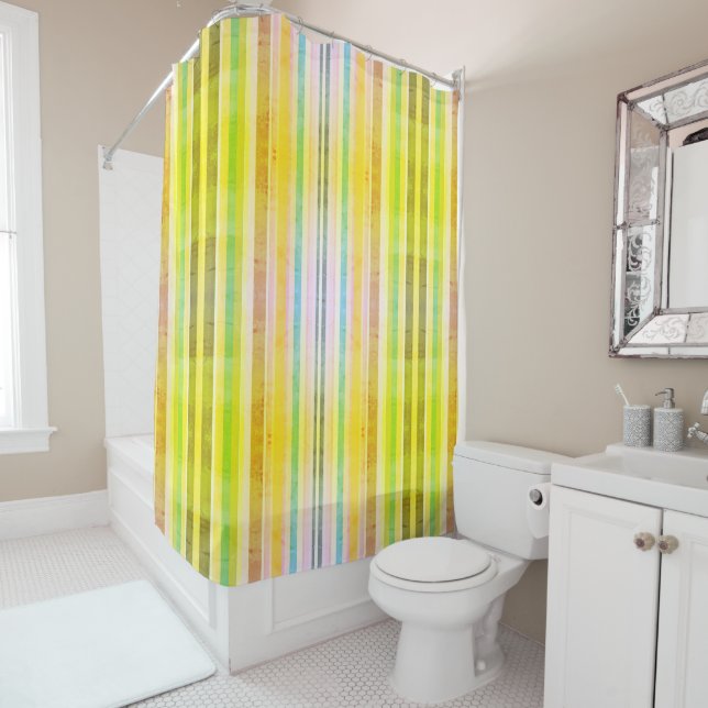Orange Yellow and Green Striped Shower Curtain (In Situ)