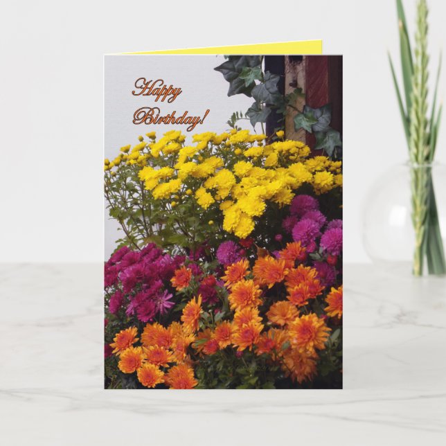 Orange, Yellow and Pink Mums, Happy Birthday! Card (Front)
